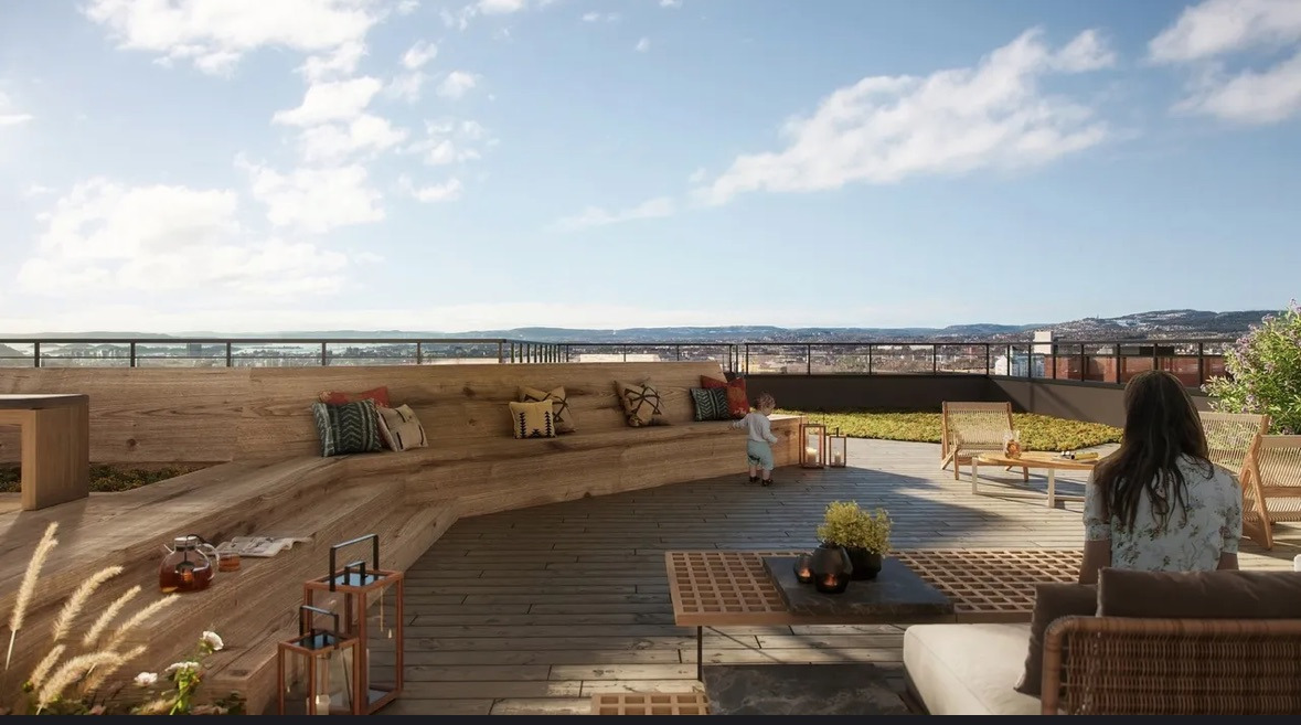 Felles takterrasse med utsyn over byen og Oslofjorden. 